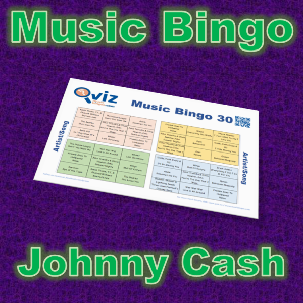 Musikk bingo med 30 country sanger av Johnny Cash. Test dine venner og bli kjent med hans største hits. PDF fil med 100 bingobrett og link til Spotify spilleliste.