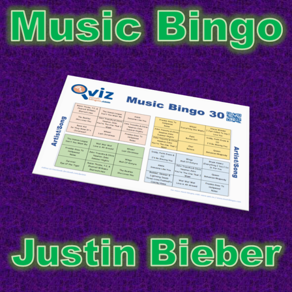 Musikk bingo med 30 sanger av og med Justin Bieber. Bli kjent med hans største hits. PDF fil med 100 bingobrett og link til Spotify spilleliste.