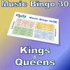 Musikk bingo med 30 sanger fra Konger og Dronninger av ulike musikk genres. PDF fil med 100 bingo brett og link til Spotify spilleliste er inkludert.