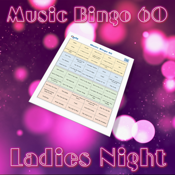 Musikk bingo med 60 sanger som alle fremføres av kvinner og kvnnelige grupper. PDF fil med 100 bingobrett og link til Spotify spilleliste.