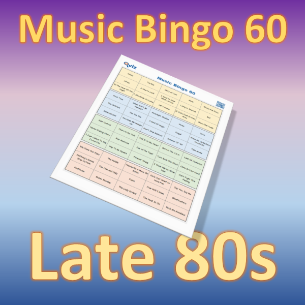 Musikk bingo med 60 kjente sanger fra de siste årene av 1980 tallet. Tilgang til PDF fil med 100 bingobrett og link til Spotify spilleliste.