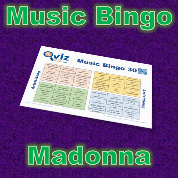 Musikk bingo med 30 sanger av Madonna. Test dine venner og bli kjent med artisten. PDF fil med 100 bingobrett og link til Spotify spilleliste.