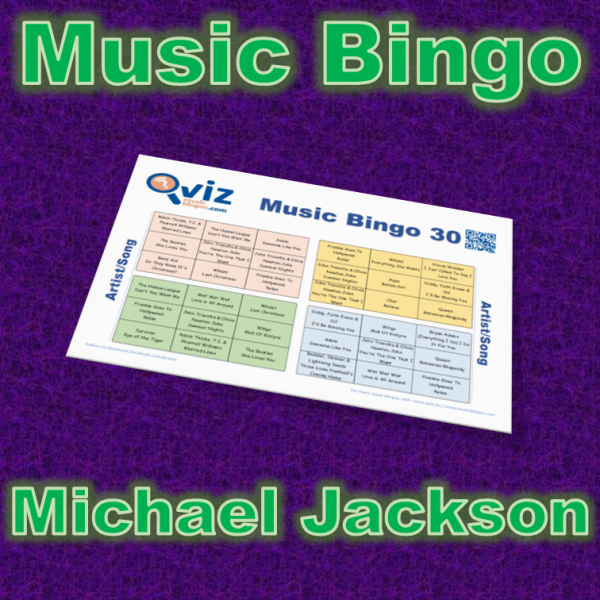 Musikk bingo med 30 sanger av Michael Jackson. Test dine venner og bli kjent med artisten. PDF fil med 100 bingobrett og link til Spotify spilleliste.
