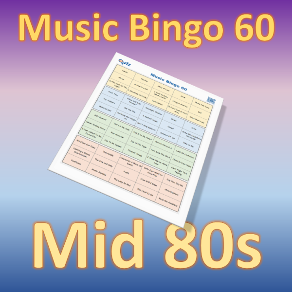 Musikk bingo med 60 kjente sanger fra midten av 1980 tallet. Tilgang til PDF fil med 100 bingobrett og link til Spotify spilleliste.
