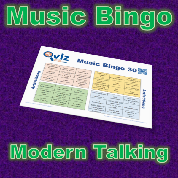 Musikk bingo med 30 sanger av Modern Talking. Test dine venner og bli kjent med artisten. PDF fil med 100 bingobrett og link til Spotify spilleliste.