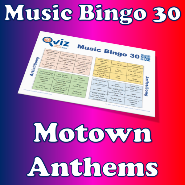 Musikk bingo med de 30 største og mestselgende Motown sangene gjennom tidene. PDF fil med 100 bingobrett og link til Spotify spilleliste.