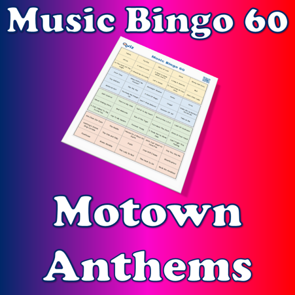 Musikk bingo med de 60 største og mestselgende Motown sangene gjennom tidene. PDF fil med 100 bingobrett og link til Spotify spilleliste.