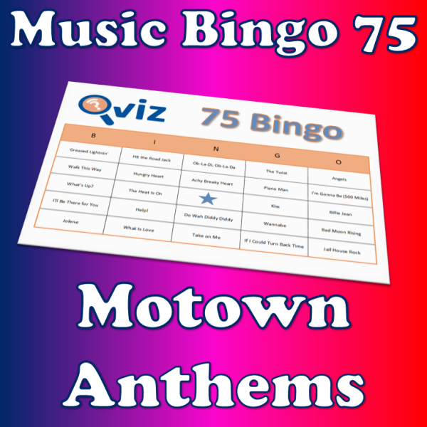 Musikk bingo med de 75 største og mestselgende Motown sangene gjennom tidene. PDF fil med 100 bingobrett og link til Spotify spilleliste.