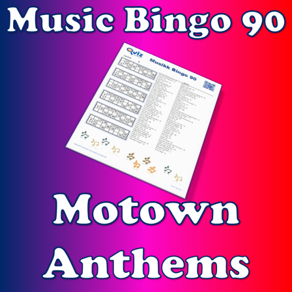 Musikk bingo med de 90 største og mestselgende Motown sangene gjennom tidene. PDF fil med 100 bingobrett og link til Spotify spilleliste.