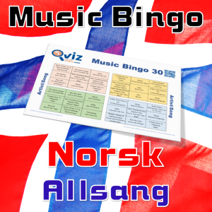 Norsk allsang musikk bingo 30 inneholder 30 sanger fra norske artister som innbyr til god stemning og allsang, og vil være et underholdende spill.