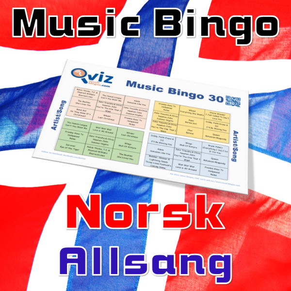Norsk allsang musikk bingo 30 inneholder 30 sanger fra norske artister som innbyr til god stemning og allsang, og vil være et underholdende spill.