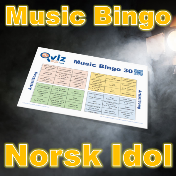 Musikk bingo med 30 sanger fra norske artister som alle har deltatt i norske Idol. PDF fil med 100 bingobrett og link til Spotify spilleliste.