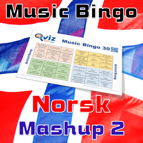 Norsk Mashup 2 musikk bingo 30 inneholder 30 sanger fra norske artister fra ulike sjangre. Her blir det en god miks av kjent og kjær musikk.