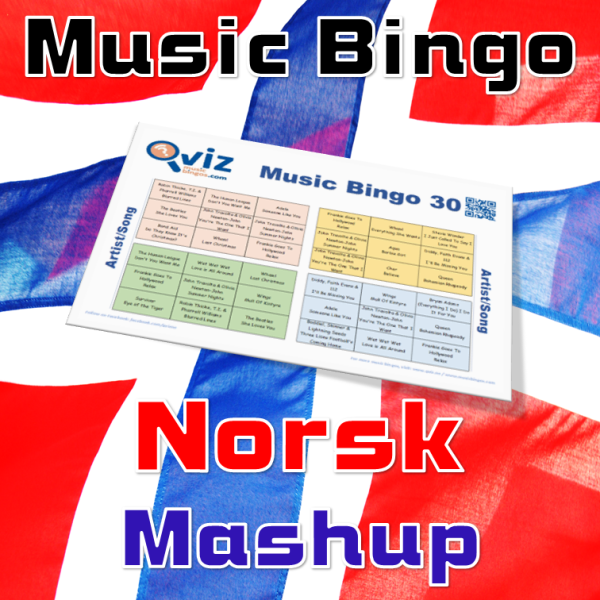 Norsk Mashup musikk bingo 30 inneholder 30 sanger fra norske artister fra ulike sjangre. Her blir det en god miks av kjent og kjær musikk.