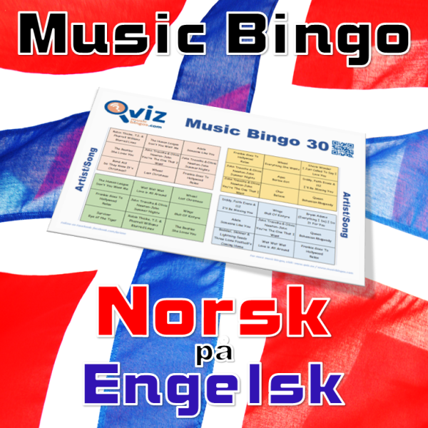 Norsk på Engelsk musikk bingo 30 inneholder 30 sanger fra norske artister som synger på engelsk. Her får du en en miks av både gammelt og nytt.