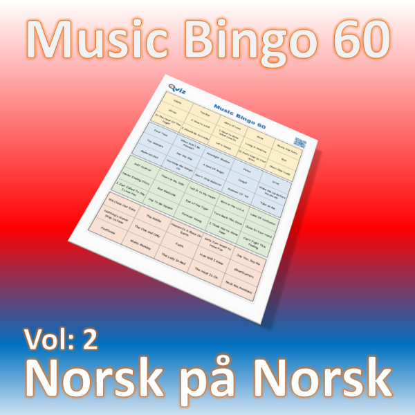 Musikk bingo med norske artister som synger på norsk. Kan fort bli allsang og god stemning. PDF fil med 100 bingobrett og link til Spotify spilleliste.