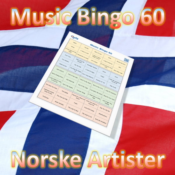 Musikk bingo med artister fra Norge. Gjør deg kjent med 60 forskjellige norske artister. PDF fil med 100 bingobrett og link til Spotify spilleliste.