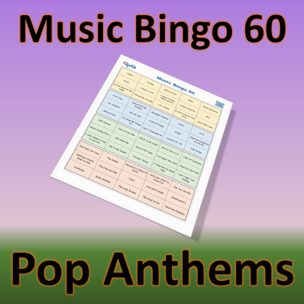 Musikk bingo med 60 kjente pop sanger fra de siste tiårene. Høy gjenkjennelses faktor. PDF fil med 100 bingobrett og link til Spotify spilleliste.