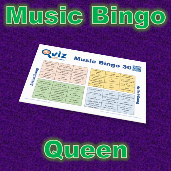 Musikk bingo med 30 sanger av Queen og Freddie Mercury. Bli bedre kjent med artisten. PDF fil med 100 bingobrett og link til Spotify spilleliste.