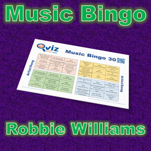 Musikk bingo med 30 sanger med Robbie Williams. Test dine venner og bli bedre kjent med artisten. PDF med 100 bingobrett og Spotify spilleliste.
