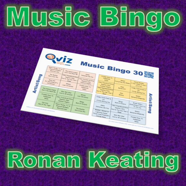 Musikk bingo med 30 sanger av og med Ronan Keating. Test dine venner og bli bedre kjent med artisten. PDF med 100 bingobrett og Spotify spilleliste.