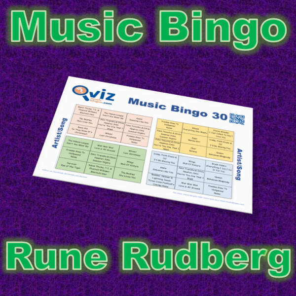 Musikk bingo med 30 sanger av og med Rune Rudberg. Test dine venner og bli kjent med artisten. PDF fil med 100 bingobrett og link til Spotify spilleliste.