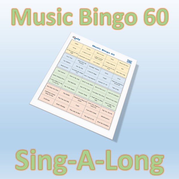 Musikk bingo med 60 sanger som innbyr til allsang. Her blir det god stemning. PDF fil med 100 bingobrett og link til Spotify spilleliste.