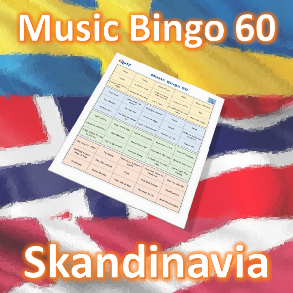 Musikk bingo med 60 sanger fra skandinaviske artister. Her er både Danmark, Sverige og Norge representert. PDF med bingobrett og link til spilleliste.