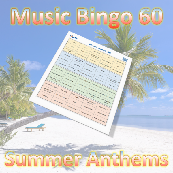 Musikk bingo med 60 sanger som setter deg i god sommerstemning. PDF fil med 100 bingobrett og link til Spotify spilleliste.