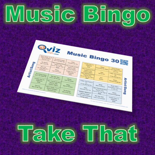 Musikk bingo med 30 sanger av og med artistene i Take That. Fin måte å bli bedre kjent med artistene. PDF med 100 bingobrett og Spotify spilleliste.