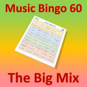 Musikk bingo med 60 sanger der det er en god mix av sjangre og periode. PDF fil med 100 bingobrett og link til Spotify spilleliste.
