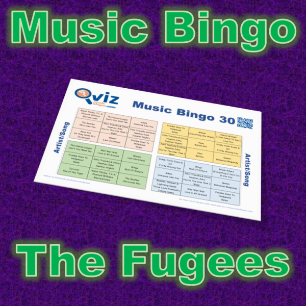 Musikk bingo med 30 sanger av og med artistene i Fugees. Test dine venner og bli bedre kjent med artistene. PDF med 100 bingobrett og Spotify spilleliste.