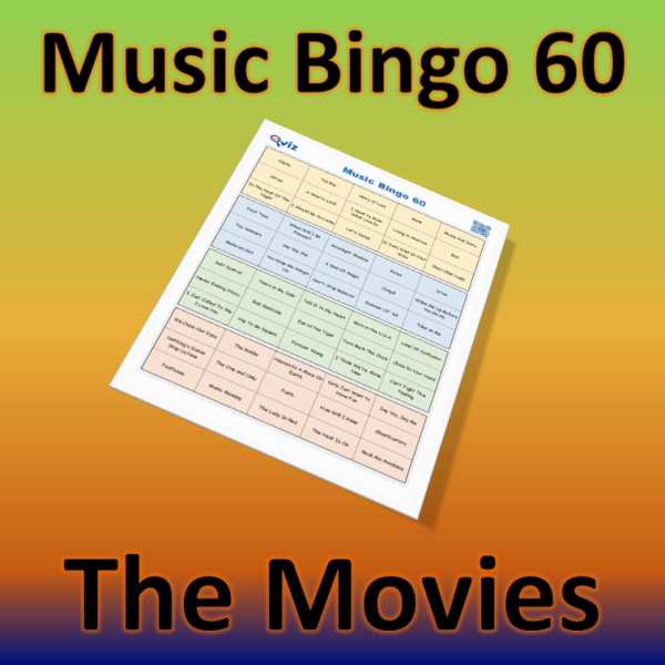 Musikk bingo med tema musikk fra filmer. 60 sanger fra kjente filmer. PDF fil med 100 bingobrett og link til Spotify spilleliste.