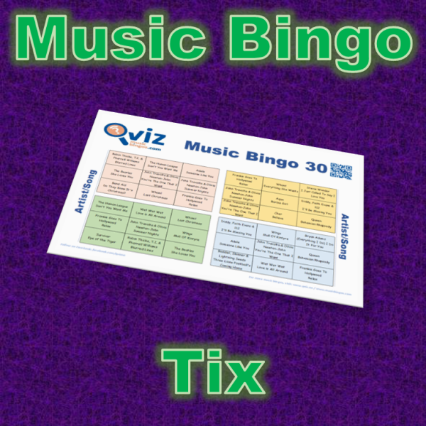 Musikk bingo med 30 sanger av og med Tix. Bli bedre kjent med artisten. PDF fil med 100 bingobrett og link til Spotify spilleliste.