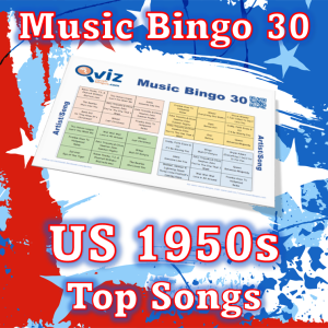 Musikk bingo med 30 sanger fra 1950 tallet som har ligget øverst på Billboard listen i USA. PDF fil med 100 bingobrett og link til Spotify spilleliste.