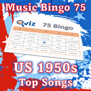 Musikk bingo med 75 sanger fra 1950 tallet som har ligget øverst på Billboard listen i USA. PDF fil med 100 bingobrett og link til Spotify spilleliste.