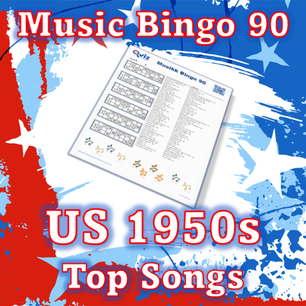 Musikk bingo med 90 sanger fra 1950 tallet som har ligget øverst på Billboard listen i USA. PDF fil med 100 bingobrett og link til Spotify spilleliste.