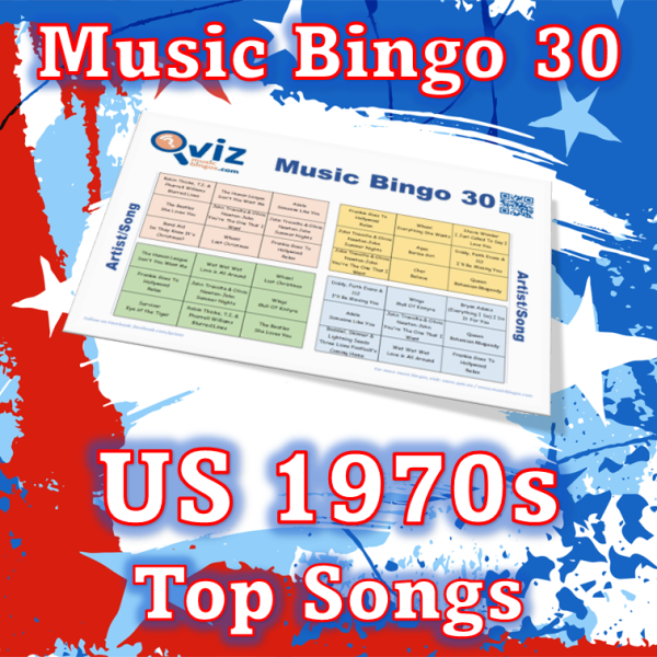 Musikk bingo med 30 sanger fra 1970 tallet som har ligget øverst på Billboard listen i USA. PDF fil med 100 bingobrett og link til Spotify spilleliste.