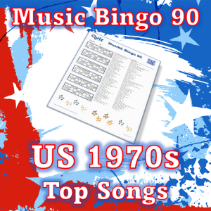 Musikk bingo med 90 sanger fra 1970 tallet som har ligget øverst på Billboard listen i USA. PDF fil med 100 bingobrett og link til Spotify spilleliste.