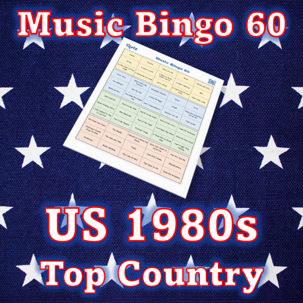 Musikk bingo med 60 country sanger fra 1980 tallet som har vært høyt på Billboard listen i USA. PDF fil med 100 bingobrett og link til Spotify spilleliste.