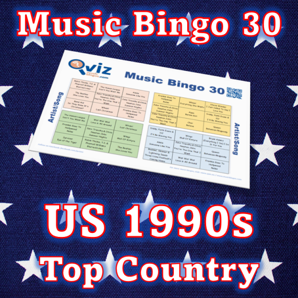 Musikk bingo med 30 country sanger fra 1990 tallet som har vært høyt på Billboard listen i USA. PDF fil med 100 bingobrett og link til Spotify spilleliste.