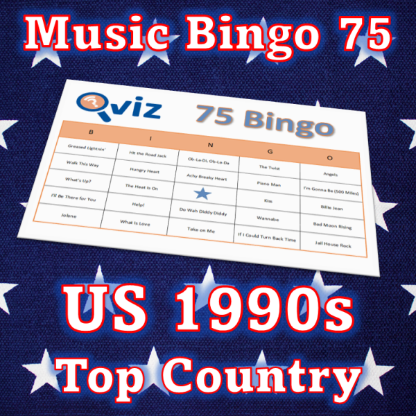 Musikk bingo med 75 country sanger fra 1990 tallet som har vært høyt på Billboard listen i USA. PDF fil med 100 bingobrett og link til Spotify spilleliste.