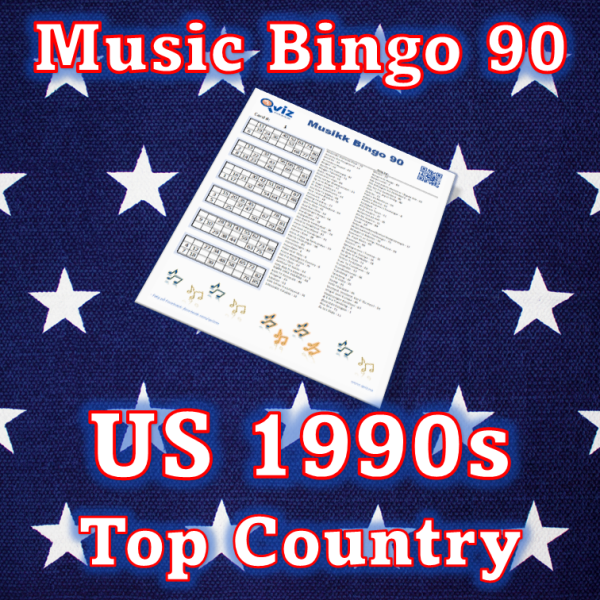 Musikk bingo med 90 country sanger fra 1990 tallet som har vært høyt på Billboard listen i USA. PDF fil med 100 bingobrett og link til Spotify spilleliste.