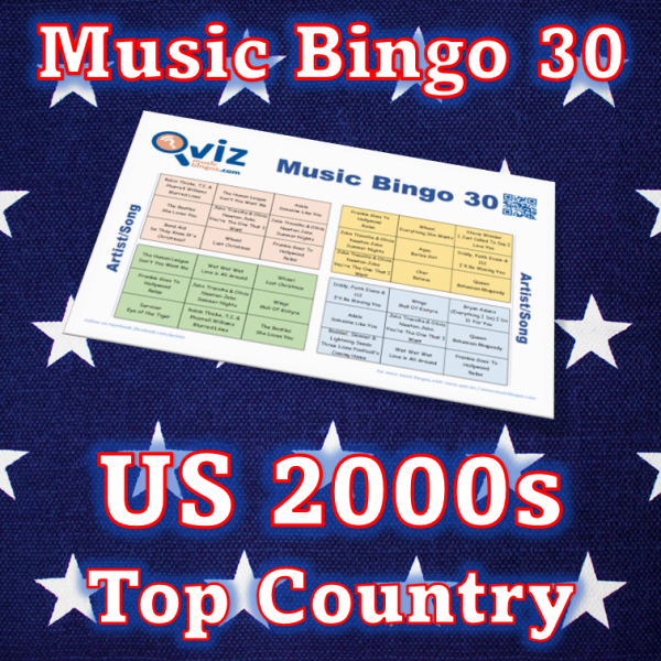 Musikk bingo med 30 country sanger fra 2000 tallet som har vært høyt på Billboard listen i USA. PDF fil med 100 bingobrett og link til Spotify spilleliste.