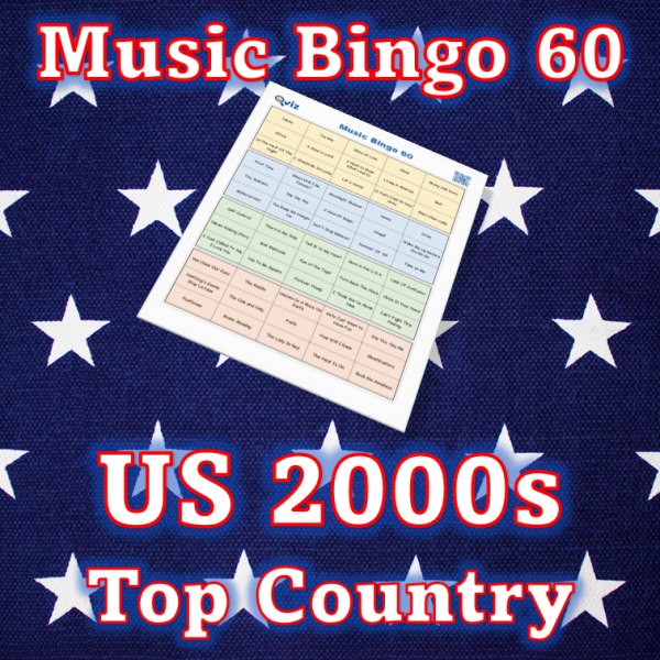 Musikk bingo med 60 country sanger fra 2000 tallet som har vært høyt på Billboard listen i USA. PDF fil med 100 bingobrett og link til Spotify spilleliste.
