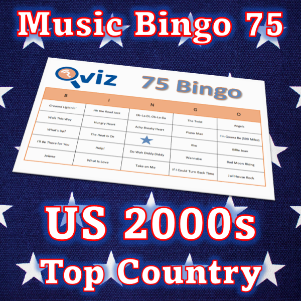 Musikk bingo med 75 country sanger fra 2000 tallet som har vært høyt på Billboard listen i USA. PDF fil med 100 bingobrett og link til Spotify spilleliste.