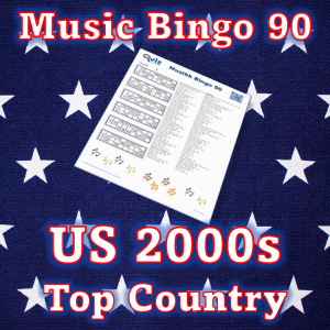 Musikk bingo med 90 country sanger fra 2000 tallet som har vært høyt på Billboard listen i USA. PDF fil med 100 bingobrett og link til Spotify spilleliste.