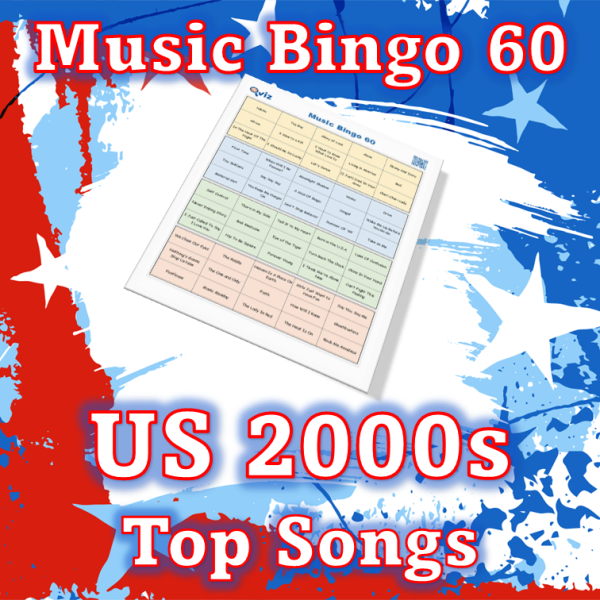 Musikk bingo med 60 sanger fra 2000 tallet som har ligget øverst på Billboard listen i USA. PDF fil med 100 bingobrett og link til Spotify spilleliste.