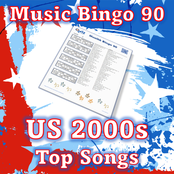 Musikk bingo med 90 sanger fra 2000 tallet som har ligget øverst på Billboard listen i USA. PDF fil med 100 bingobrett og link til Spotify spilleliste.