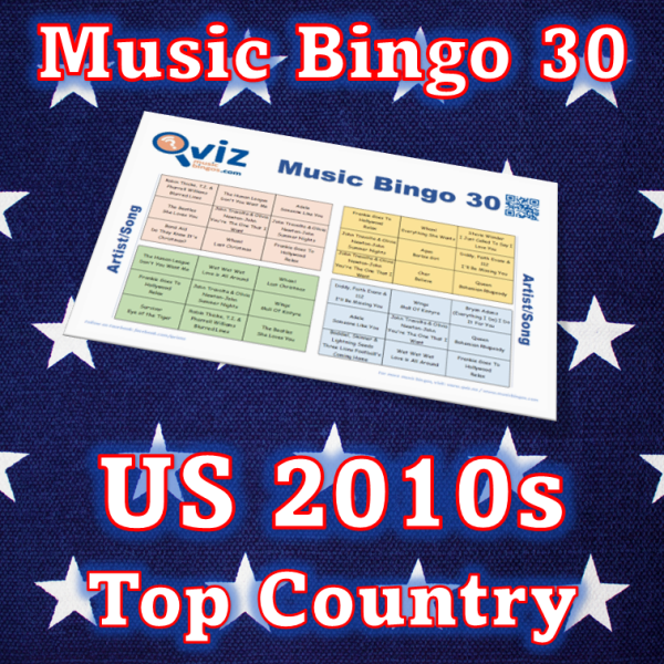 Musikk bingo med 30 country sanger fra 2010 tallet som har vært høyt på Billboard listen i USA. PDF fil med 100 bingobrett og link til Spotify spilleliste.